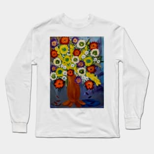 abstract flowers painted in acrylic paint and neon paint . In a gold vase with legs Long Sleeve T-Shirt